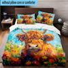 Cow In Flower Field 3pcs Bedding,Including 1pc Duvet Cover And 2pcs Pillowcases Perfect for Christmas,Ideal for Bedroom, Dormitory