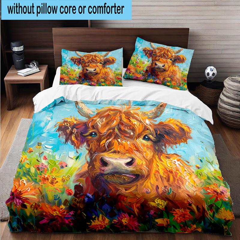 Cow In Flower Field 3pcs Bedding,Including 1pc Duvet Cover And 2pcs Pillowcases Perfect for Christmas,Ideal for Bedroom, Dormitory