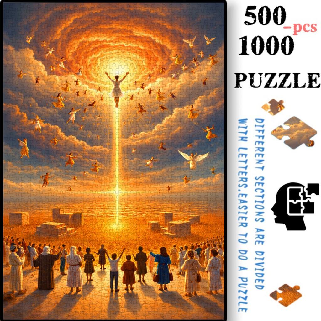 500pcs-1000pcs, Handmade Jigsaw Puzzle, Paper Jigsaw Puzzle, Jigsaw Puzzle, White Card Material, (Ascension Scene, Golden Light, Angels in The Clouds,