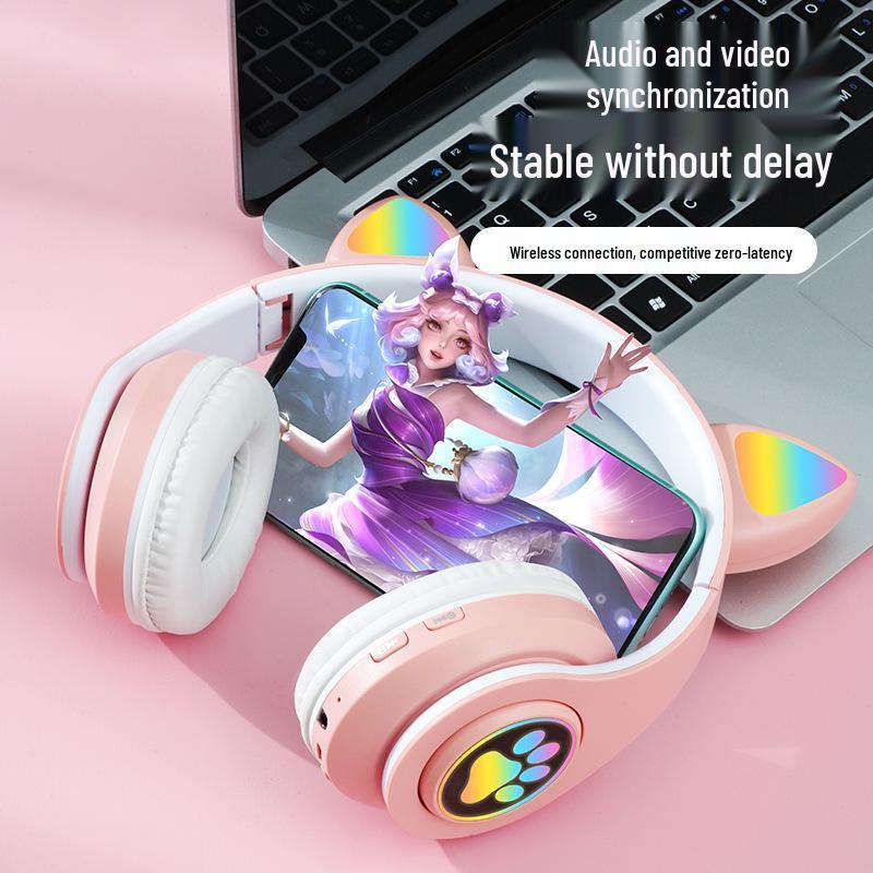Cat Ear Luminous Bluetooth Headset B39: Foldable, Card Slot, Wireless Earbuds, Universal Compatibility