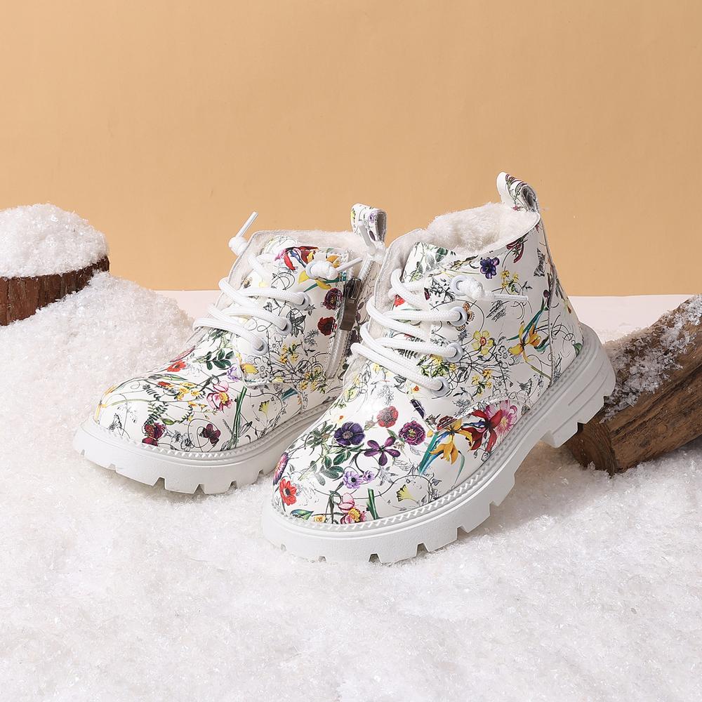 Winter Children Snow Boots For Girls Leather Flower Warm Plush Toddler Kids Shoes Non-slip Cotton Kids Boots