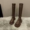2025 new long boots women's thick-soled high-tube thin autumn and winter mid-tube boots stacking boots small thin boots black