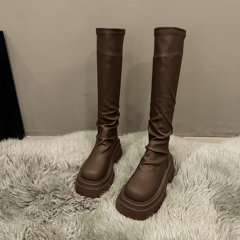 2025 new long boots women's thick-soled high-tube thin autumn and winter mid-tube boots stacking boots small thin boots black