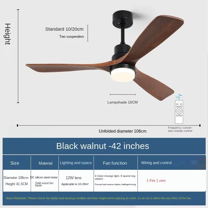 42 52 Inch Ceiling Fan with Light, DC Motor, Remote Control, Solid Wood Ceiling Fan Light, Dining and Living Room Pendant Light