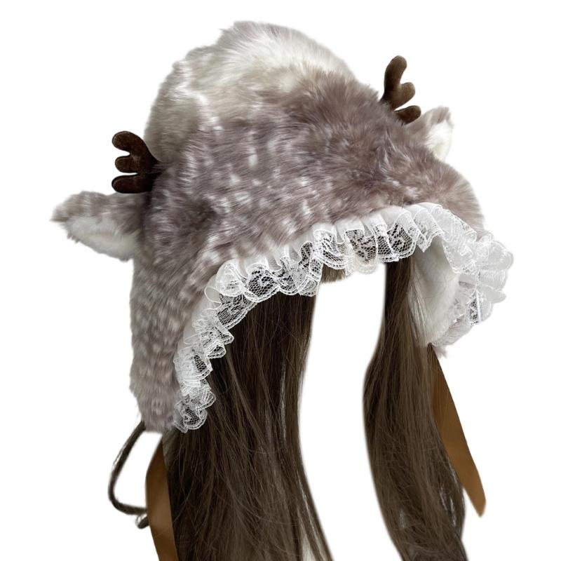 

Cartoon Head Wrap Furry Deer Soft Thicken Trapper Hat for Women Outdoor Wear Lace Brim Holiday Party Photo Props