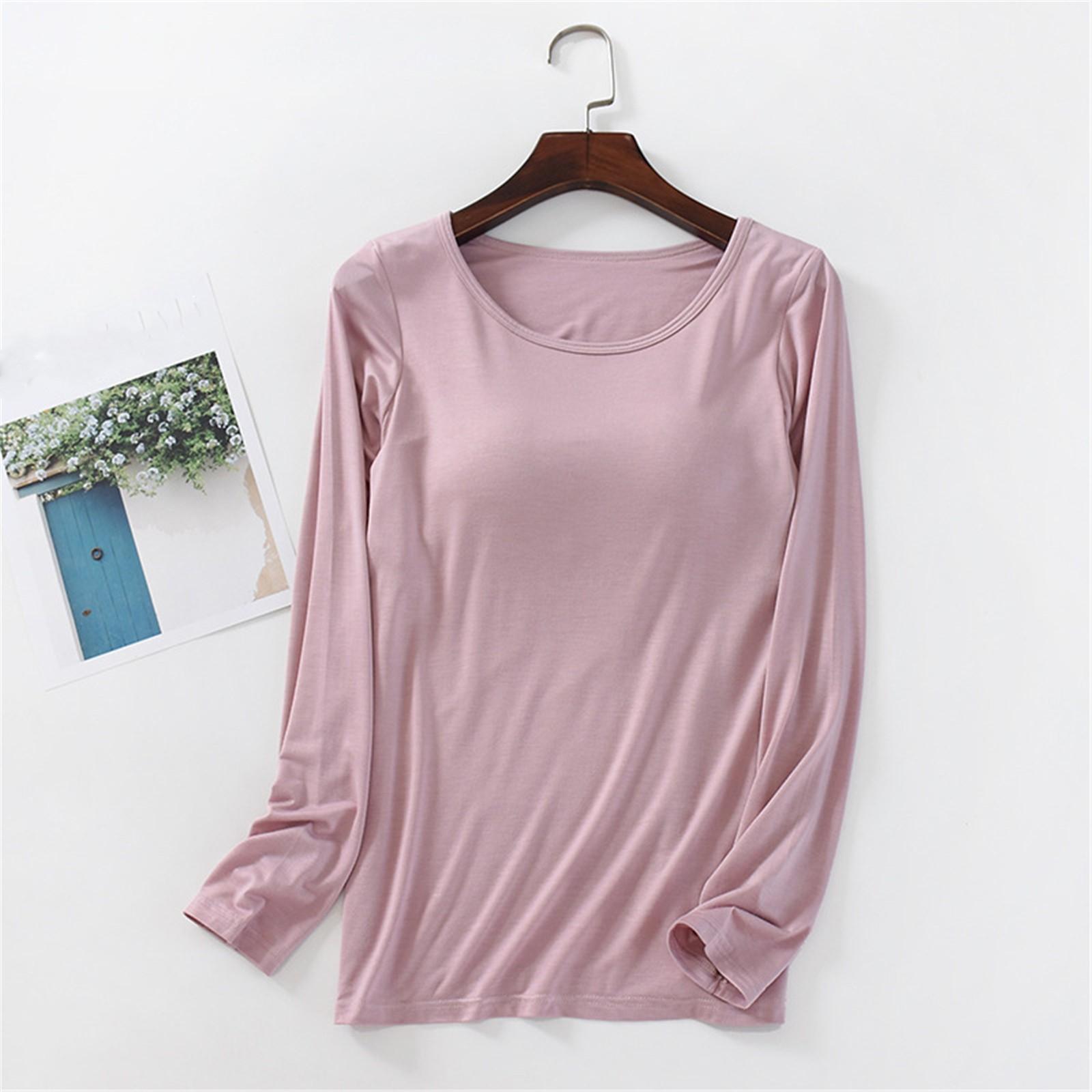 

Women s Seamless Built-in Bra Top Long Sleeve Yoga Shirt Stretchy Soft Fit Lightweight Layering Undershirt XL розовый