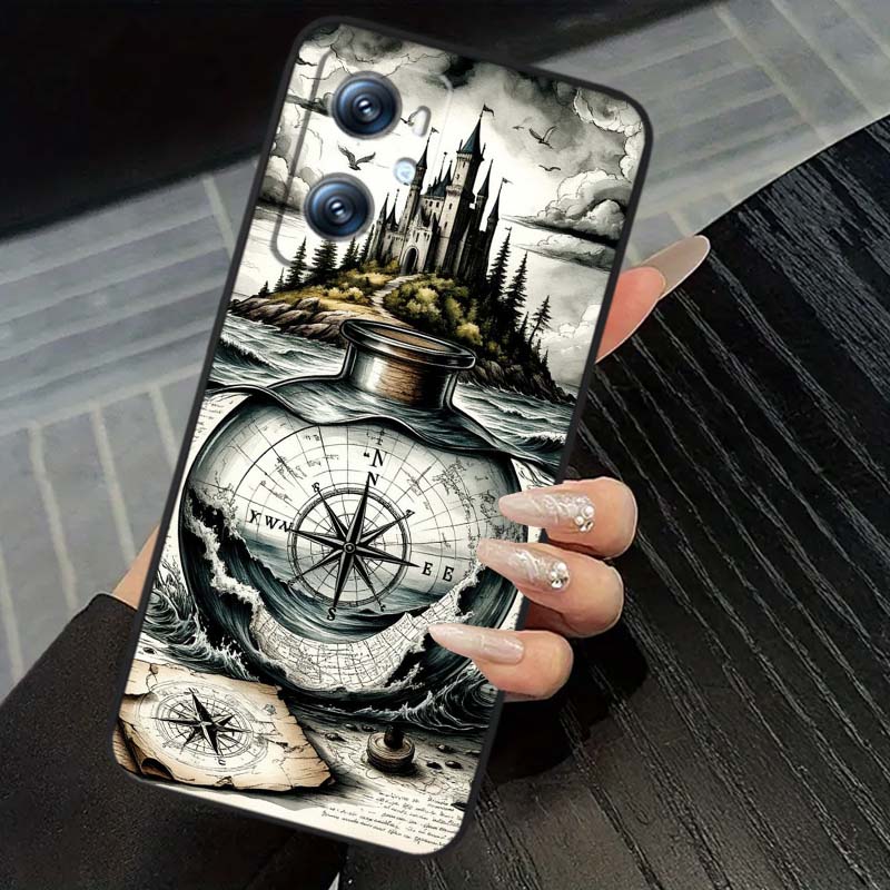 Vintage compass illustration For OPPO Reno 5 6 7 A96 A40 A58 Realme GT A74 A78 Neo2 A74 A78 Find X5 X3 X7 X8 Black Phone Case