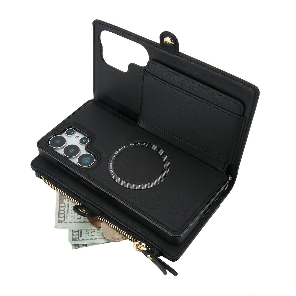 For Samsung Galaxy S25 Ultra Wallet Case Magnetic Detachable PU Leather Phone Cover with 2 Straps