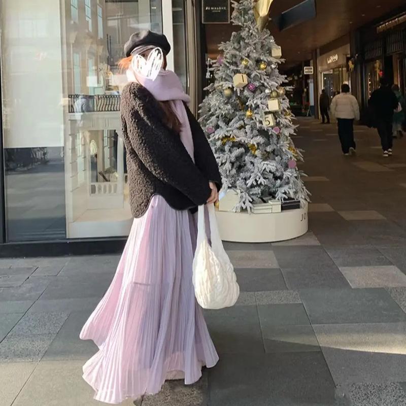 Women's Spring and Summer Purple A-Line Half Skirt High-Waisted Slimming Umbrella Skirt Soft Versatile Crinkled Long Skirt