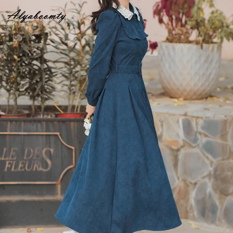 Mori Girl Autumn Winter Women Long Shirt Dress Blue Beading Vintage Buttons Dress Corduroy Elegant Feminine Dress With Belt