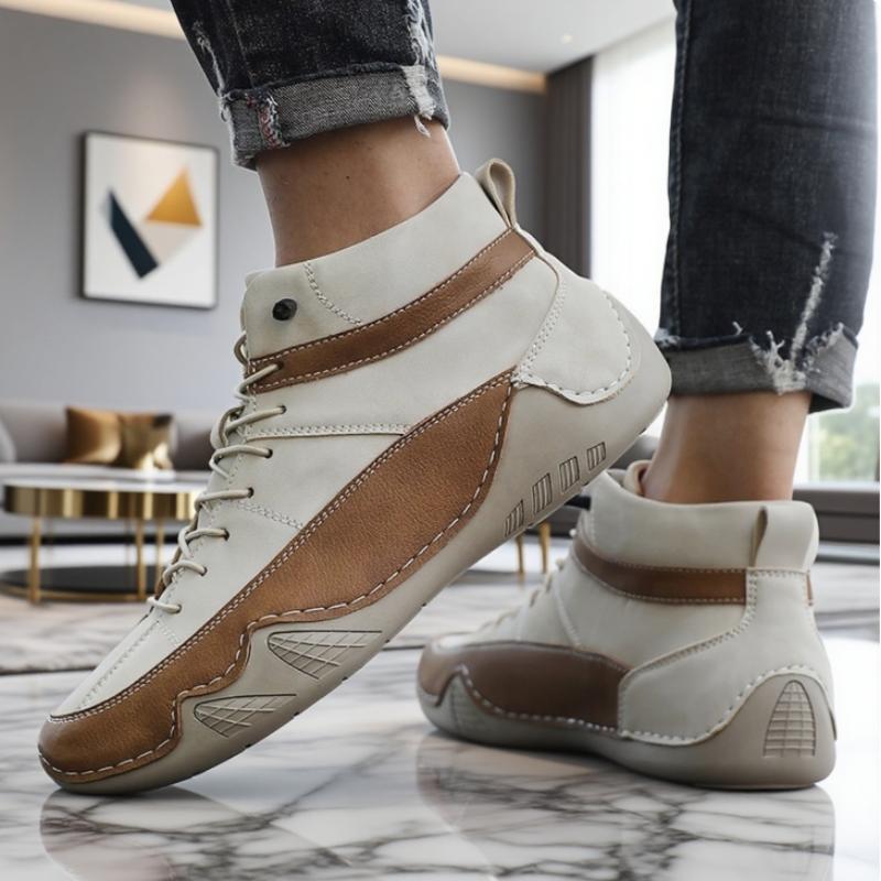 Men's Ankle High Leather Driving Shoes Bold Color Block Comfy Stylish Flat Shoes Ankle Suppor Two Tone High Top Casual Sneakers