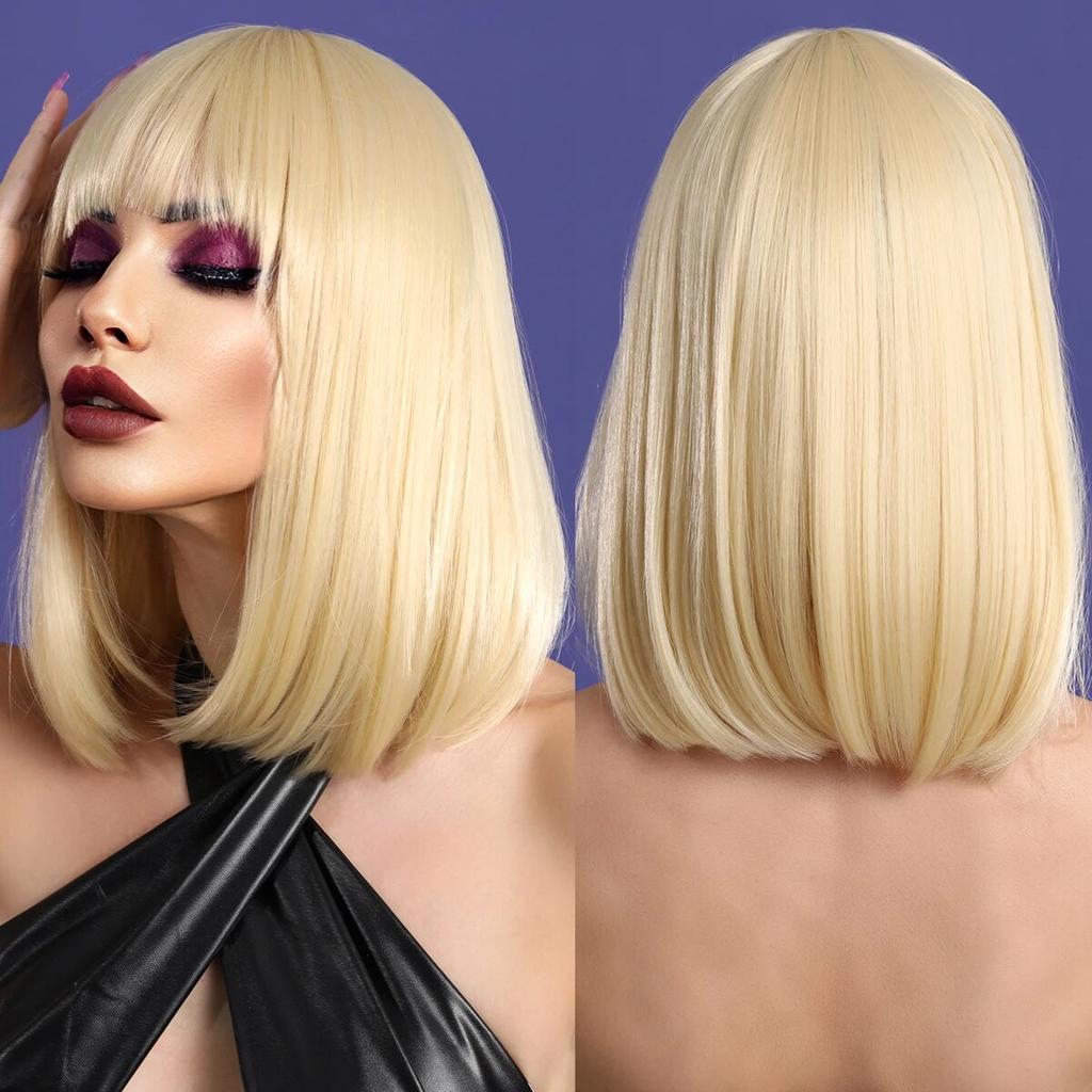 Perücke für Frauen, tägliche Party, flauschige Bob-Perücke, natürliches Kunsthaar, modische Perücke mit Pony, hitzebeständige Faser