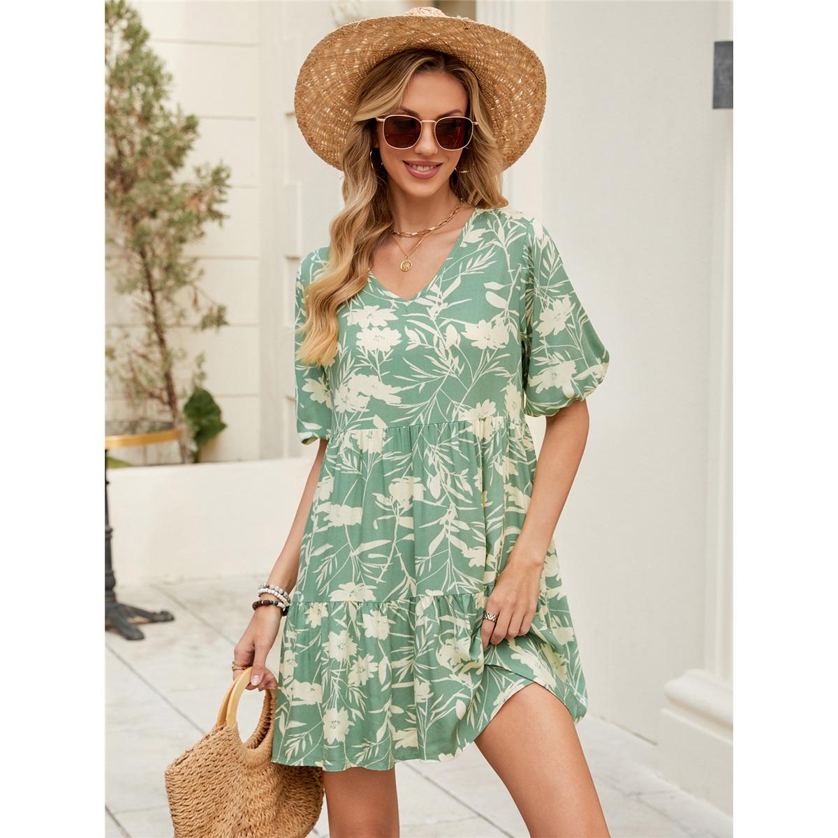 

Летние новые повседневные принтованные свободные женские платья с V-образным вырезом и короткими рукавами XL