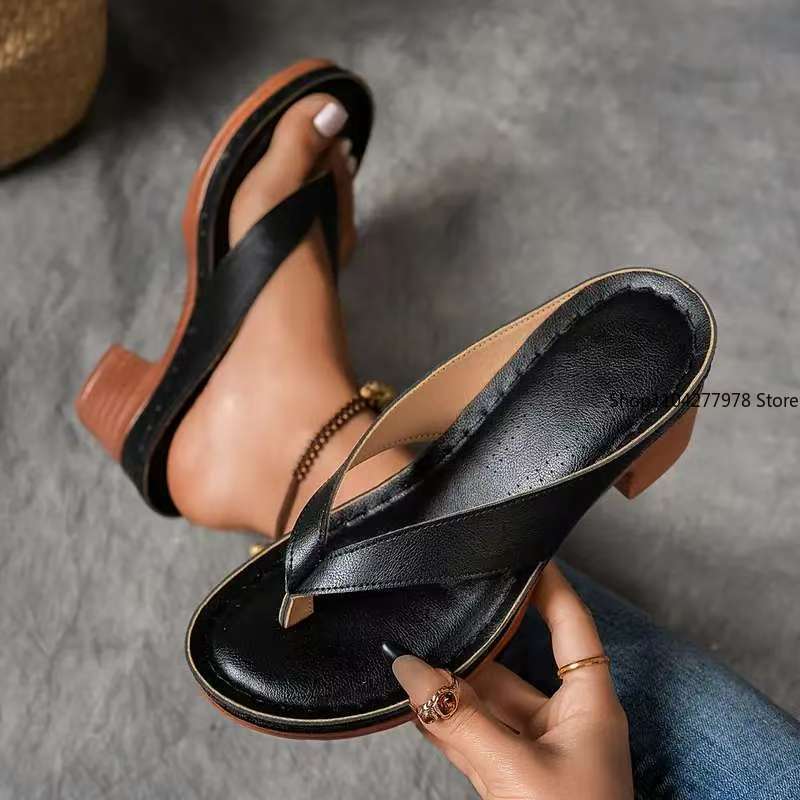 Fashion Stylish Women's Heel Flip Flops Black High Heels White Sandals Women Mules Slippers Ladies Summer Shoes 36-42 Calzado Mujer