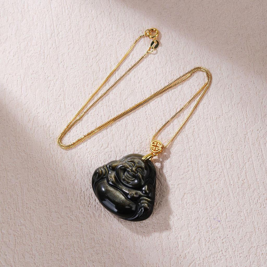Exquisite Natural Gold Obsidian Laughing Buddha Pendant Amulet Necklace with Clavicle Chain.