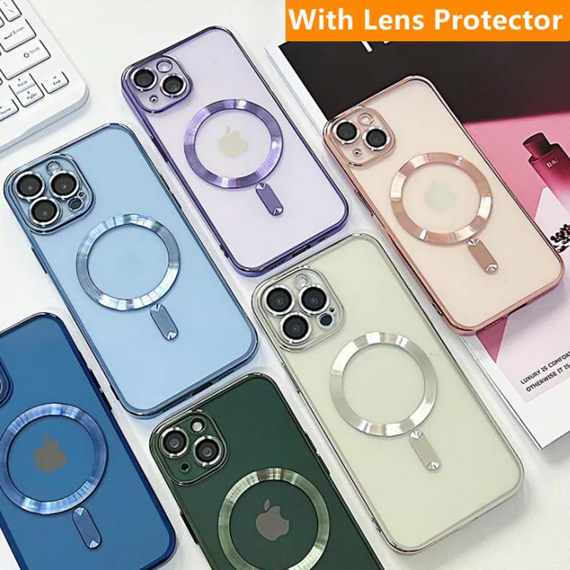 Fashion Plating Magnetic Soft Case For Magsafe For iPhone 15 14 Plus 11 12 13 Pro Max Wireless Charging Case With Lens Protector
