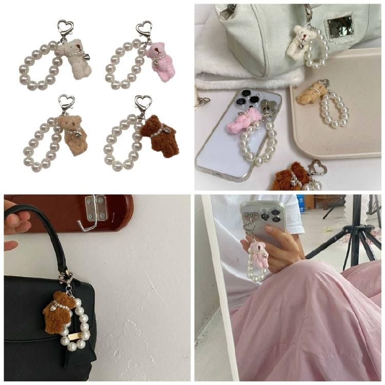 Soft Bear Keychain with Heart and Imitation Pearls Detailing Plush Bag Pendant Accessory Gift for Women and Ladies