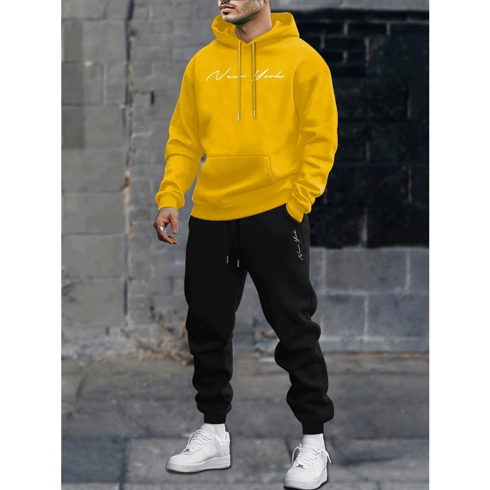 Men's Printed Hoodie and Pants Paired with Velvet, New Autumn and Winter Two Piece Couple Sportswear and Drawstring Casual Pants