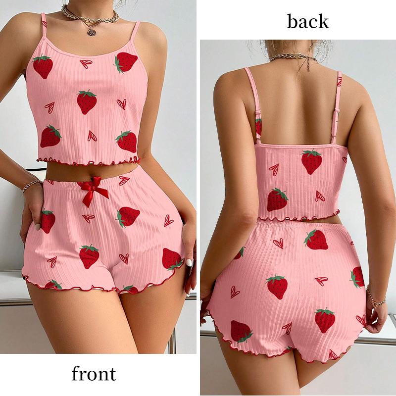 Women's Strawberry Printed Pajama Set Ice Silk Camisole Vest and Shorts Casual Home Pajama Set 2 Pcs