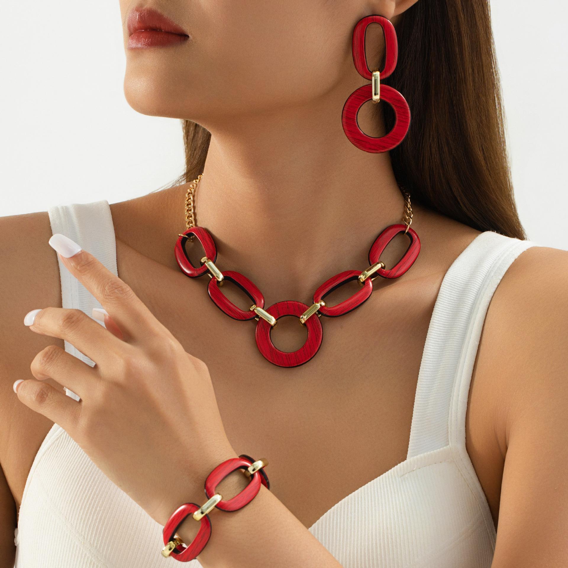Fashion  Jewelry Set Necklace Bracelet Earrings   for Women Ladies Combination Chain Necklace Bracelet Earrings красный