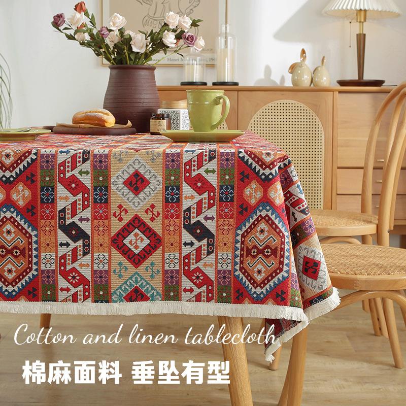 Thick Cotton Linen Tablecloth American Retro Bohemian Ethnic Geometric Jacquard Dining Table Cover