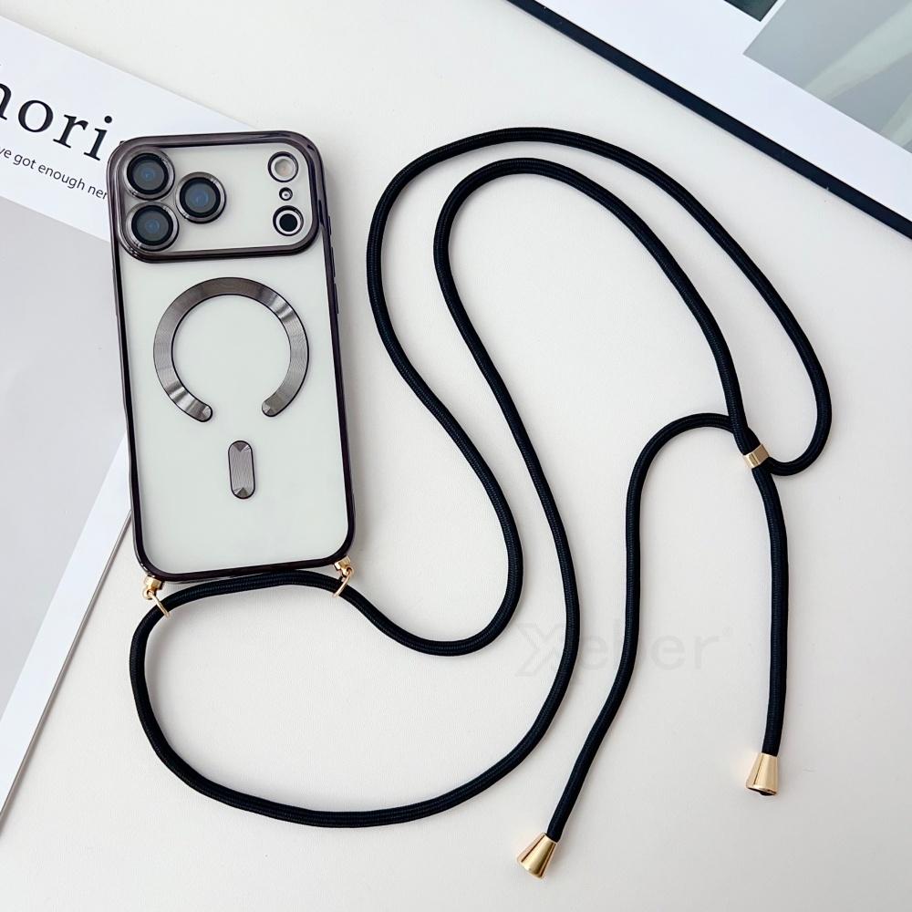 Crossbody Necklace Lanyard Plating Magnetic Case For iPhone 17 Pro Max 16 15 13 12 14 Plus Clear For Magsafe Soft Silicone Cover