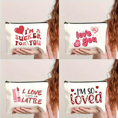 Simple I Love You Pattern Print Makeup Bag, Portable Comestic Storage Pouch, Toiletry Wash Organizer For Women Girls Gift