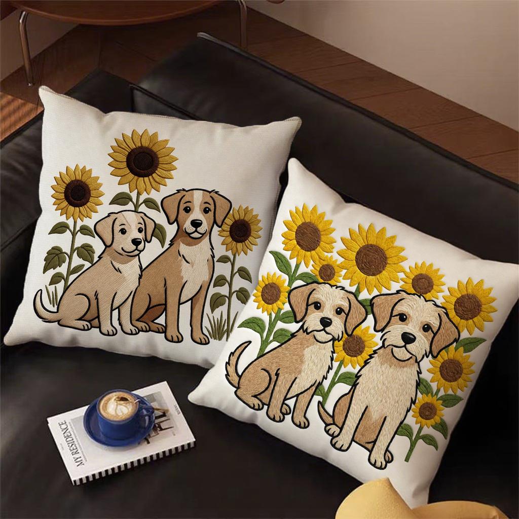 Cute Dog Sunflower Print Square Pillow Covers Pattern Cushion Cover Suitable For Sofa Bedroom Car Pillow Cover