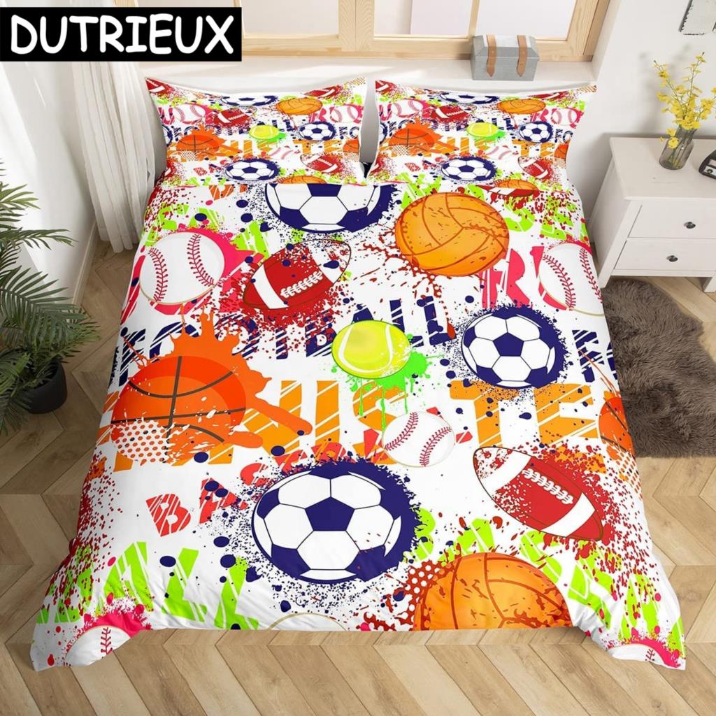 Soccer Duvet Cover Set King Queen Full Size Football Pattern Polyester Comforter Cover For Boys Teens Soccer Lover Bedding Set