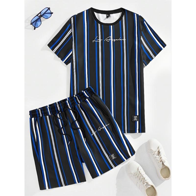 3D Striped Printed Men's Set Summer Casual Everyday Men's Short Sleeve T-shirt Urban Street Men's Fashionable Beach Shorts