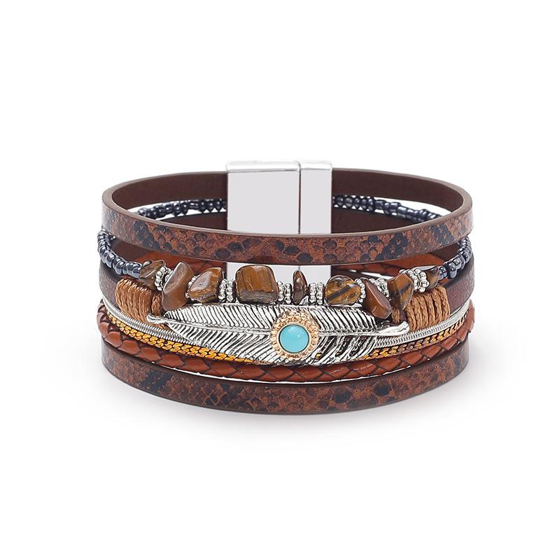 Bracciale da Donna Boho con Ghiaia, Piume e Pelle