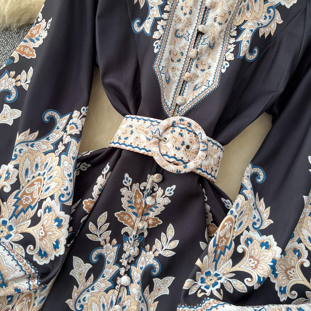 Frühling Herbst Frauen Große Größe Vintage Print Einreiher Lange Maxi Urlaub Party Kleider mit Gürtel