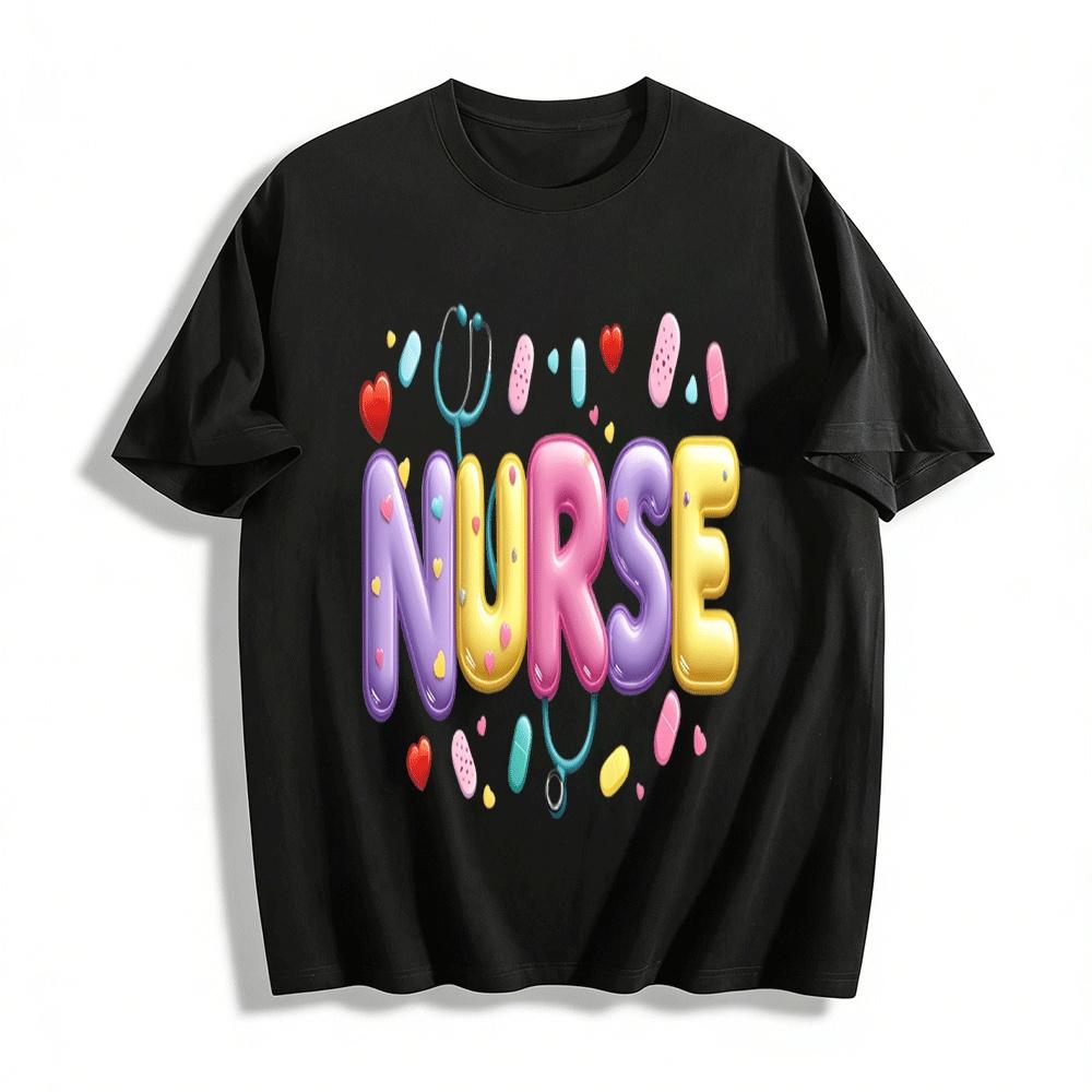 

Cute Nurse Themed Print Casual Top Love Healing Style Versatile T-Shirt Pure cotton T-shirt XXS