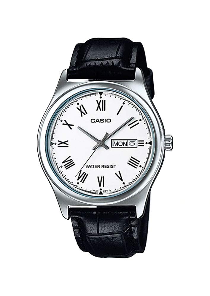

Casio MTP-V006L-7B Men s Leather Band White Roman Dial Day Date 3-Hand Analog Watch White Casual, White, Casual.