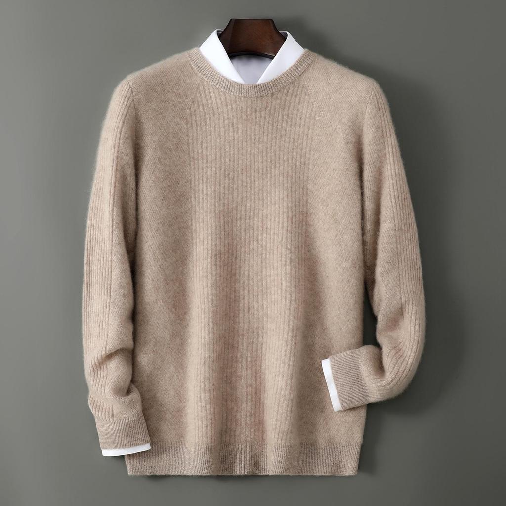 Men's High-Quality 100% Wool Round Neck Sweater, Vertical Ribbed Knit, Soft and Luxurious Thick Base Layer