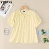 VONDA Summer Women O Neck Puff Sleeve Pleated Buttons Up Casual Blouse Tops