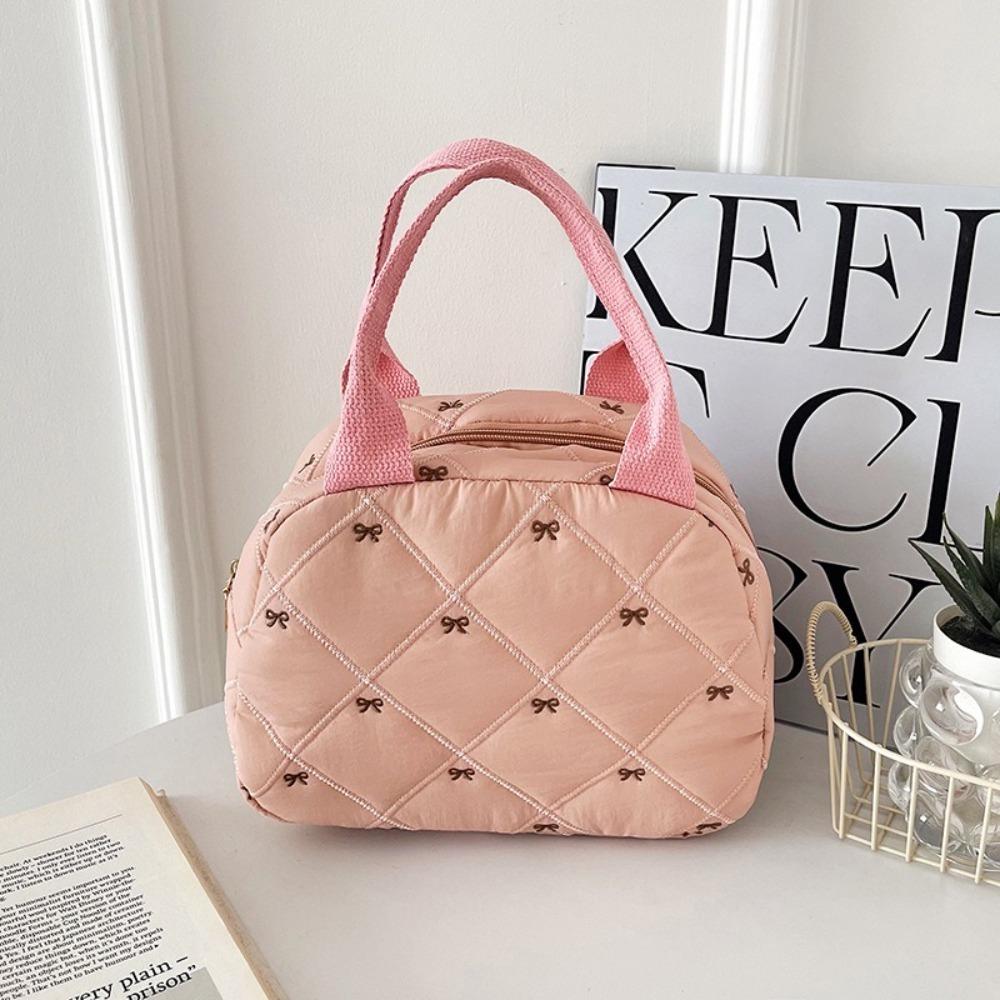 

Portable Cosmetics Storage Bag Handbag For Travel Large Capacity Bow Lunch Bag Tote Casual Women Makeup Bag Gift розовый