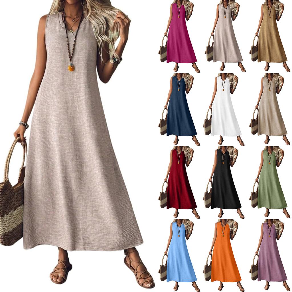 women's Sleeveless V Neck Solid Color Maxi Dress Back Zipper Straight Loose Casual Summer Long Dress