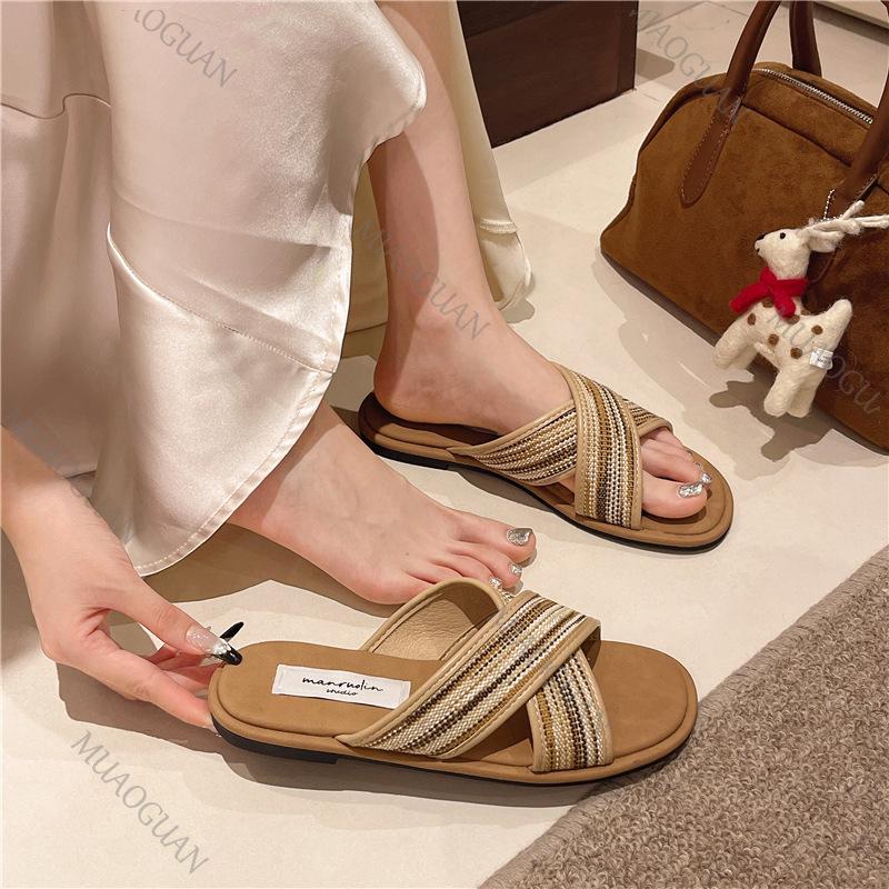 Fashion Bohemian Flat Bottom Woven Cross Strap Slippers Color Blocking Sandals Slipper for Outside Wear Soft Sole Versatile Beach Shoes