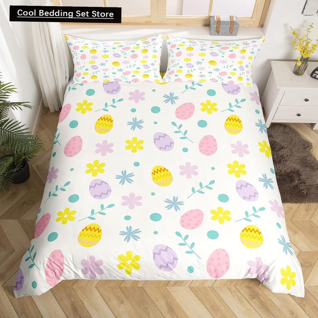 Watercolor Easter Eggs King Queen Bedding Set Happy Easter Themed Duvet Cover Toddlers Rainbow Easter Egg Polyester Quilt Cover