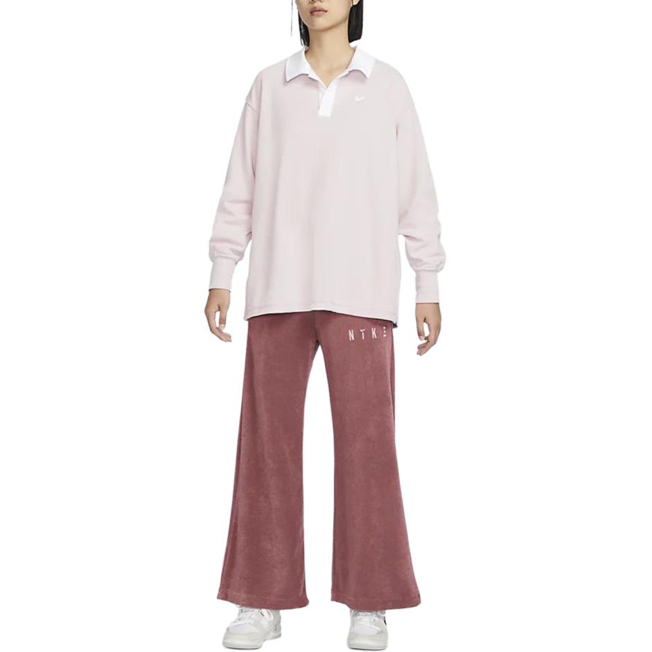 Nike Sportswear Essentials Colorblock Polo Loose Long Sleeve T-Shirt Women Tops Grey Purple FB8721-019