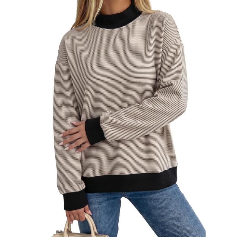 Women S Round Neck Fleece Striped Long Sleeve Loose Top