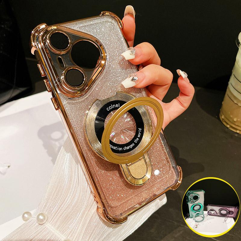Glitter Plating For Magsafe Magnetic Stand Phone Case For Huawei Pura 70 Ultra P50 P40 P30 Pura70 Pro Plus Lens Protective Cover