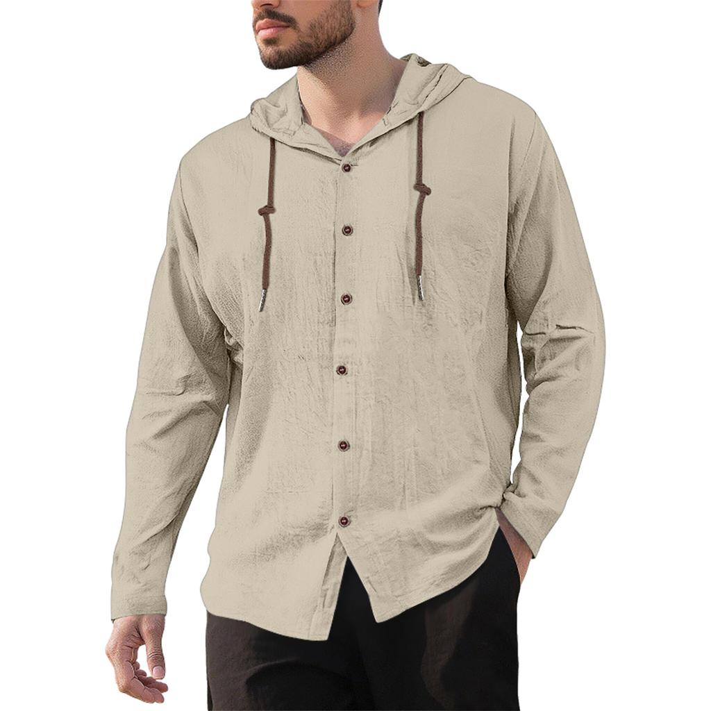 Men's Casual Cotton-Linen Blend Hooded Button-Down Shirt