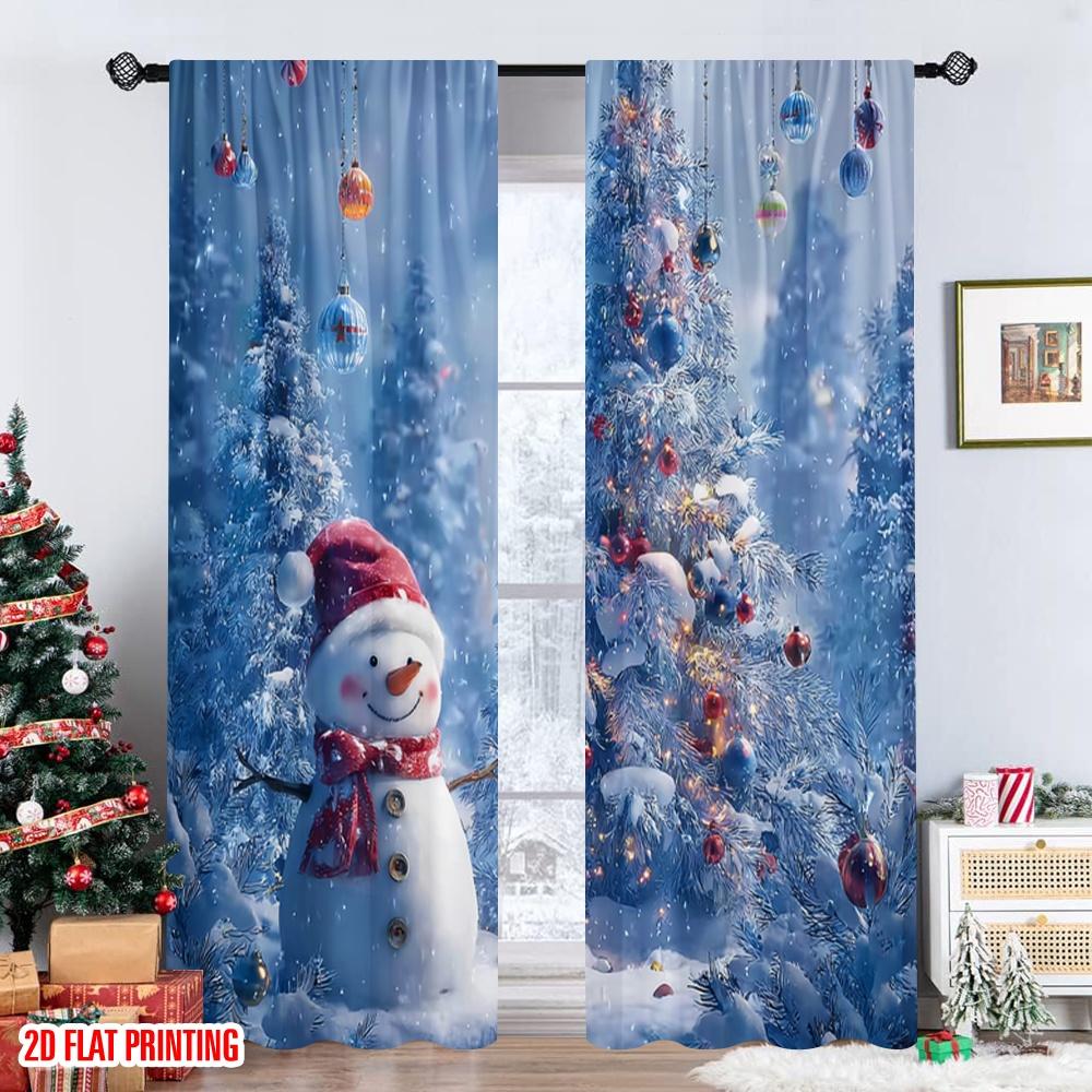 2pcs 2D flat printing Merry Christmas Trendy Curtains Christmas winter snowman tree snowflakes lovely blue white Digital Printed