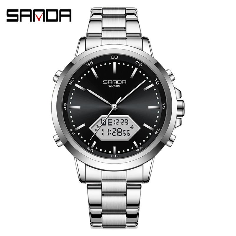 Sanda Men's Multifunction Luminous Waterproof Chronograph Steel Band Dual Display Watch