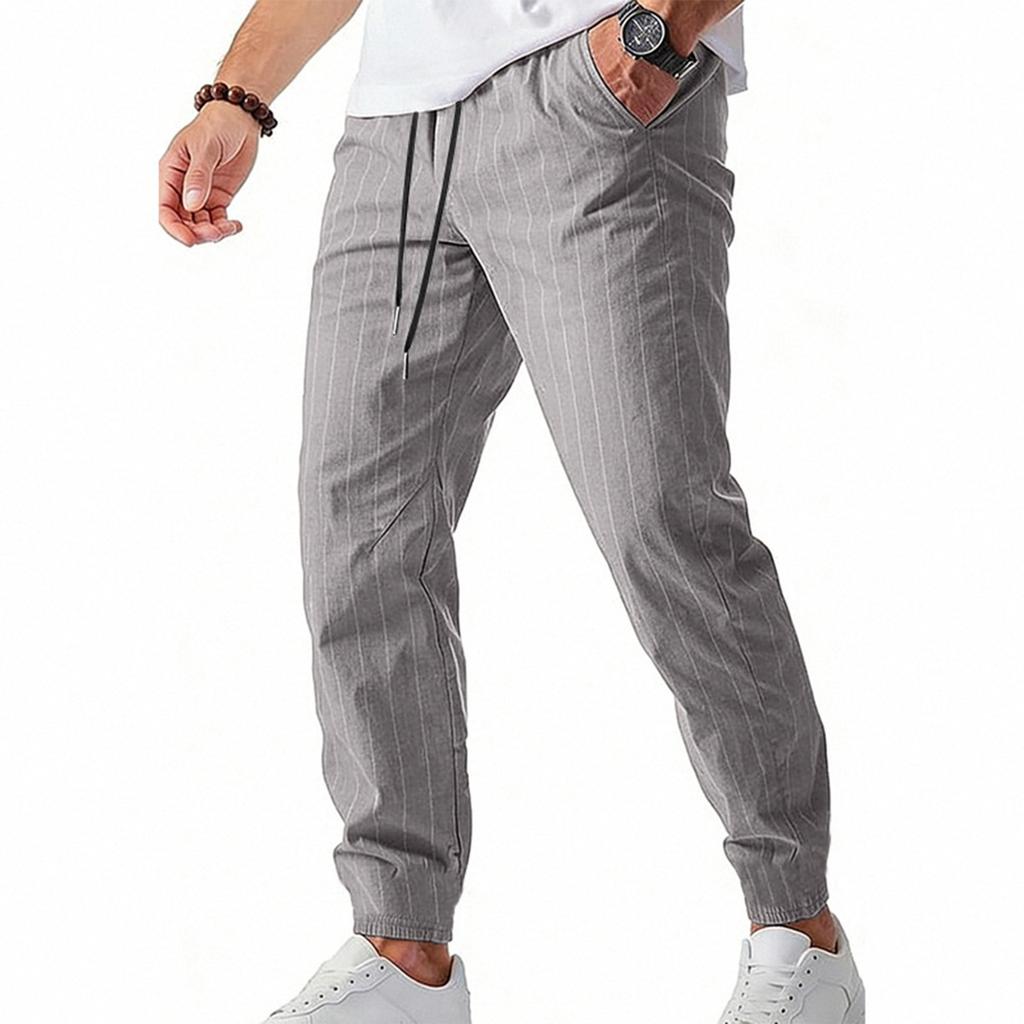 Men Drawstring Waist Pinstripe Jogger Pants Relaxed Fit Lightweight Breathable Trousers for Daily Wear Sports Activities