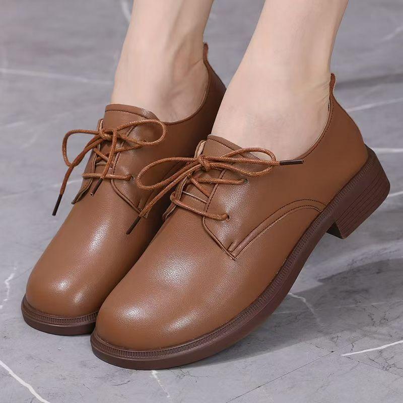 Women Real Leather Low Heel Casual Shoes Spring Autumn New Soft sole Non Slip Round Toe Waterproof Lace Up Lightweight Work Shoe