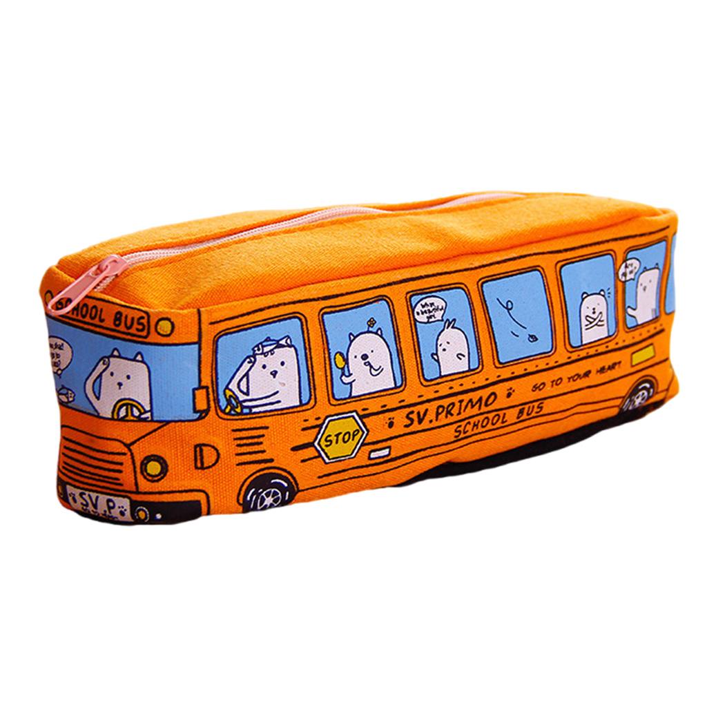 Cartoon Bus Shaped Pen Case Canvas Pen Bag Zippered Pen Pouches Big Capacity Pen Case Stationeries Organiser for Student