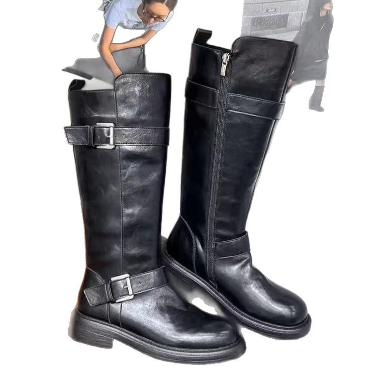 [Cowhide Edition] Dune Aesthetics~ Fleece Retro Double Button Medium and High Western Boots Women's Knight Boots Winter